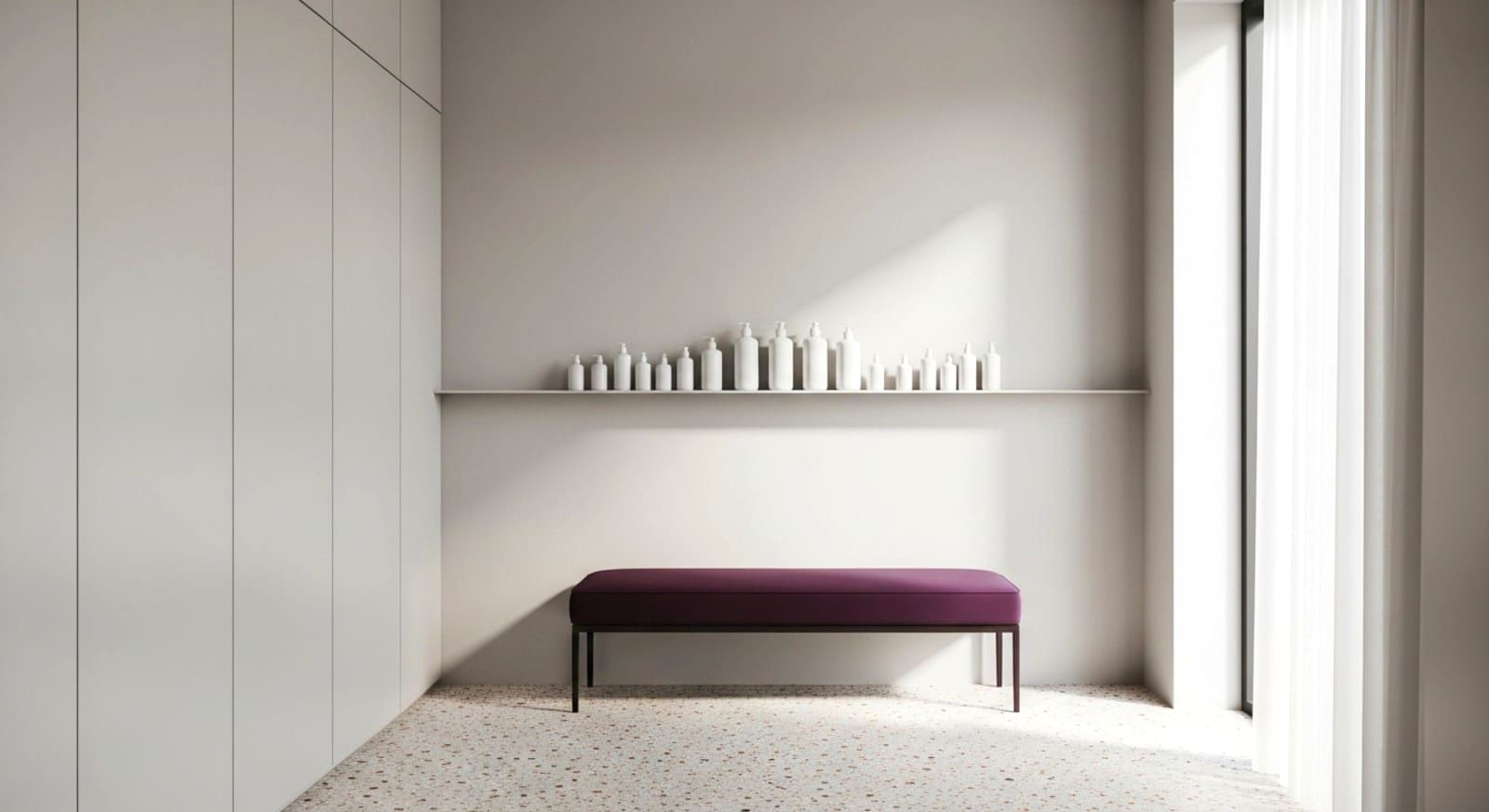 Inside Bella Reina Spa at 815 George Bush Blvd — treatment room in porcelain and aubergine
