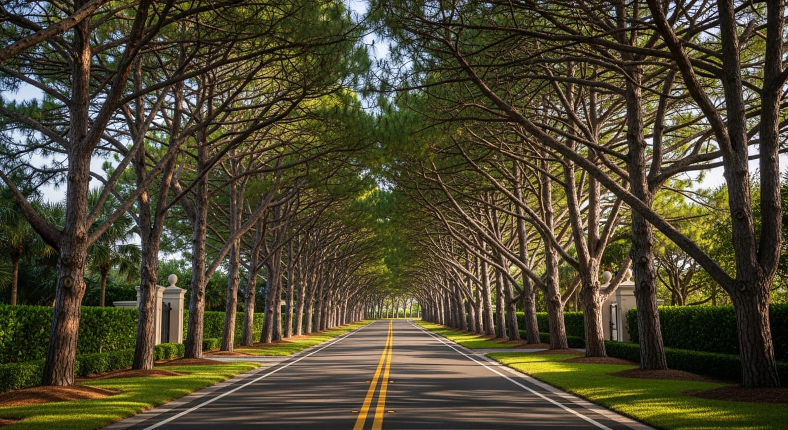 The tree-lined North Ocean Boulevard estate corridor in Gulf Stream, Florida, with Mediterranean Revival compounds set back behind manicured hedges and a private security gate visible in the distance