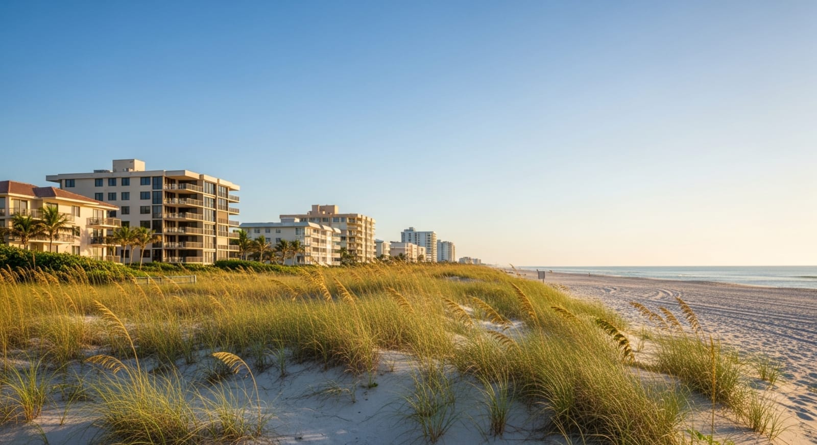 A row of high-rise oceanfront condominium towers along Highland Beach's narrow barrier island at sunrise, no traffic lights or storefronts visible along the coastal road