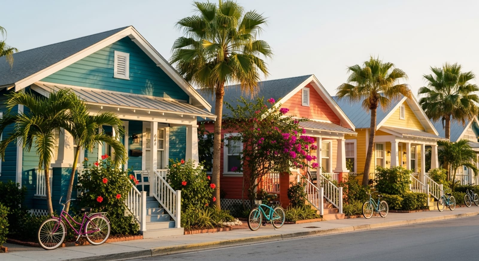 A row of 1920s-era bungalows along a tree-shaded street in Lake Worth Beach's Old Town historic district, with a mural-painted storefront in the Lake Worth Arts District visible at the end of the block