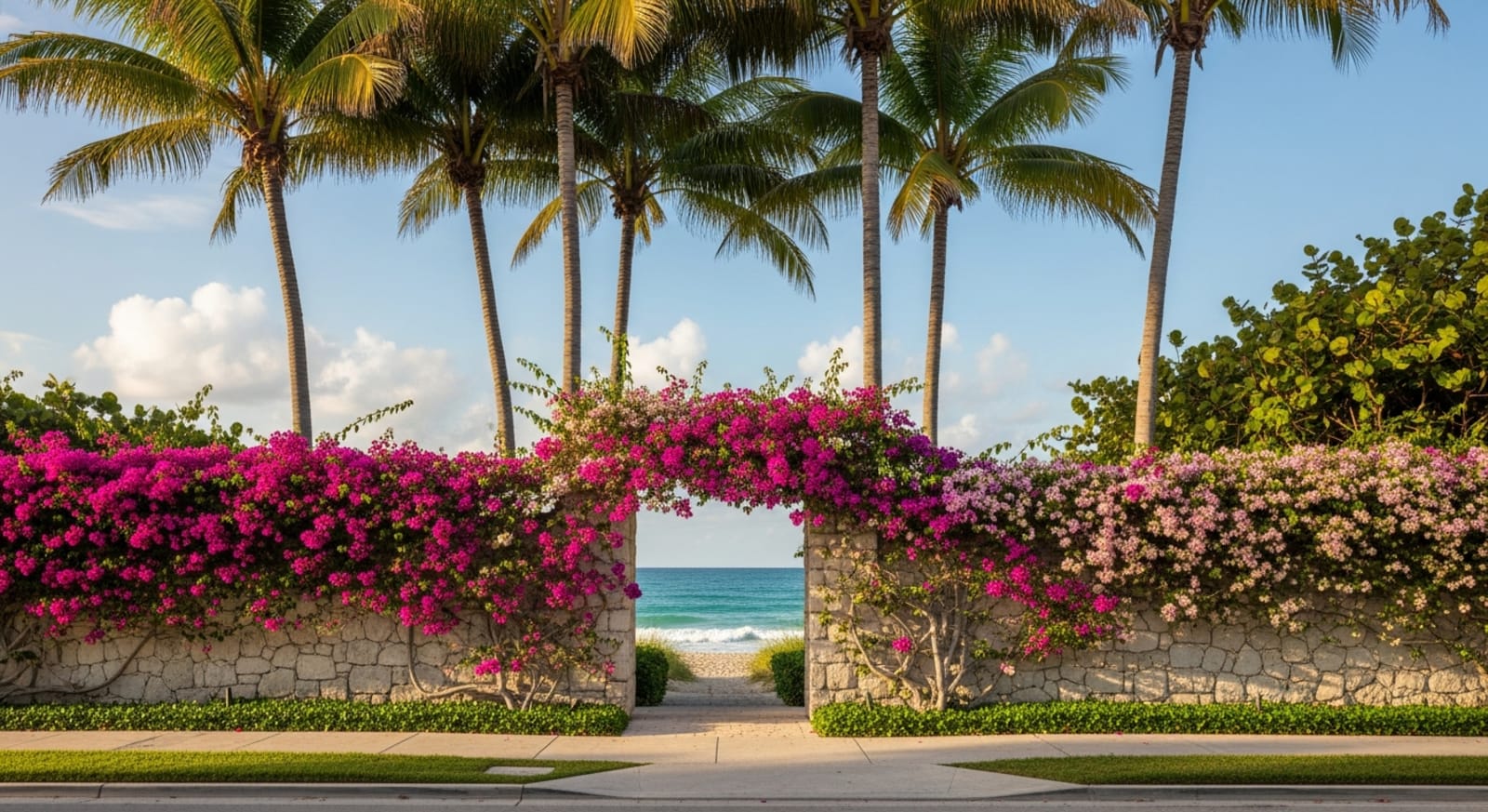 South Ocean Boulevard estate corridor in Manalapan, Florida, with an oceanfront mansion and private beach access visible between the Atlantic Ocean and the Intracoastal Waterway on Hypoluxo Island