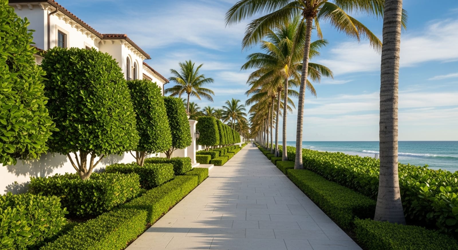 The Mediterranean Revival storefronts of Worth Avenue in Palm Beach at dusk, string lights strung between date palms, a quiet luxury retail corridor with no crowds