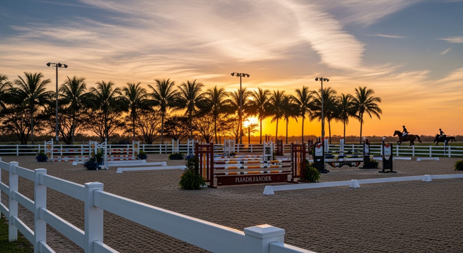 A rider on horseback in a sand arena at a Wellington, Florida show grounds under bright midday sun, UV glare reflecting off the open sand and pastureland surrounding Grand Prix Village estate barns in the background