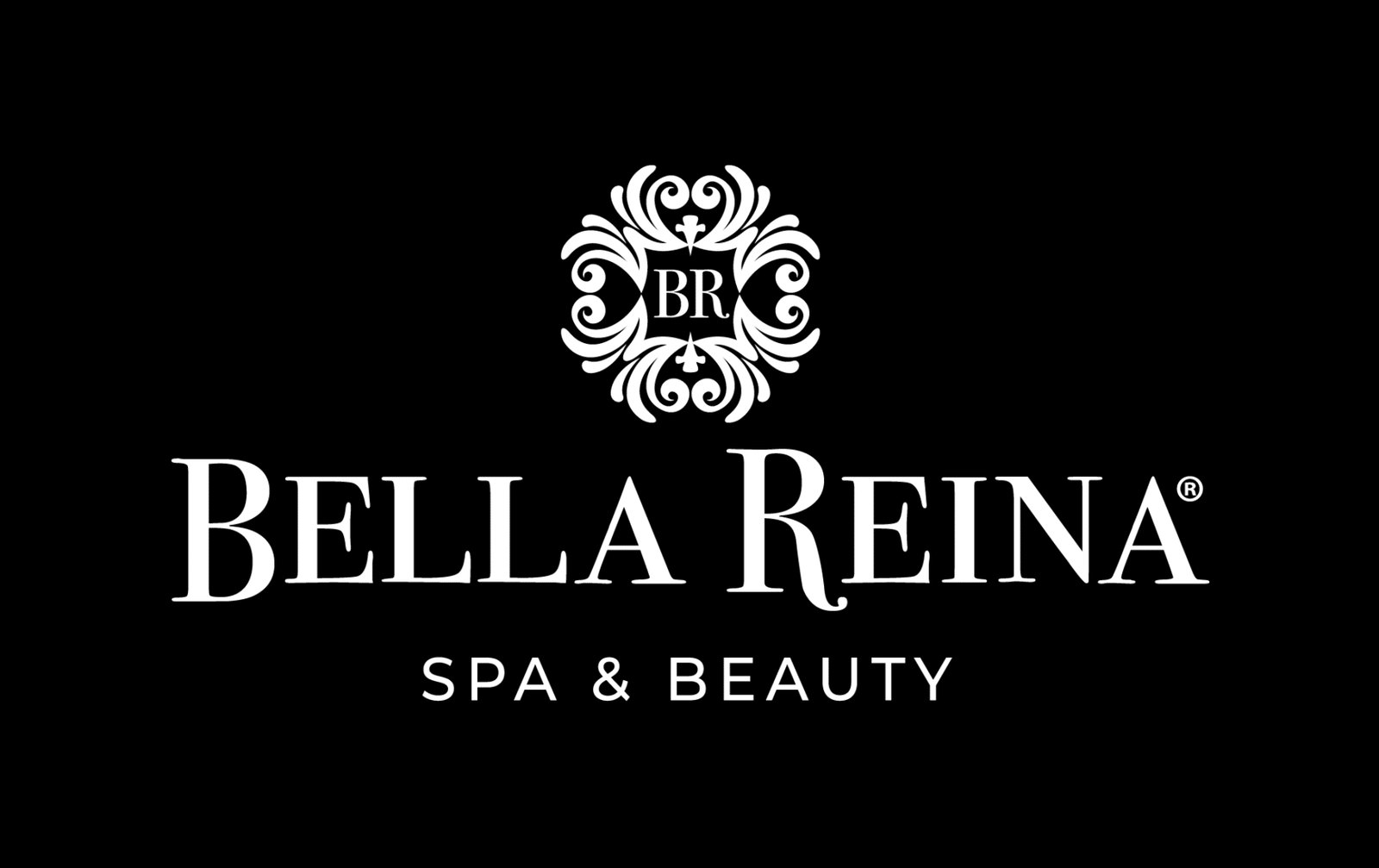 The Bella Reina Spa & Beauty gift card: matte black, with the white BR crest and wordmark centred