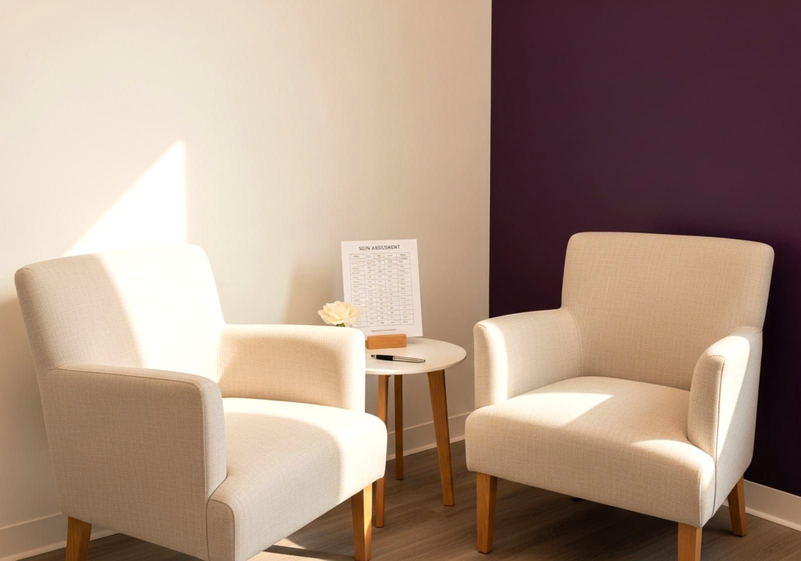 Intake conversation before a first treatment — practitioner and client seated