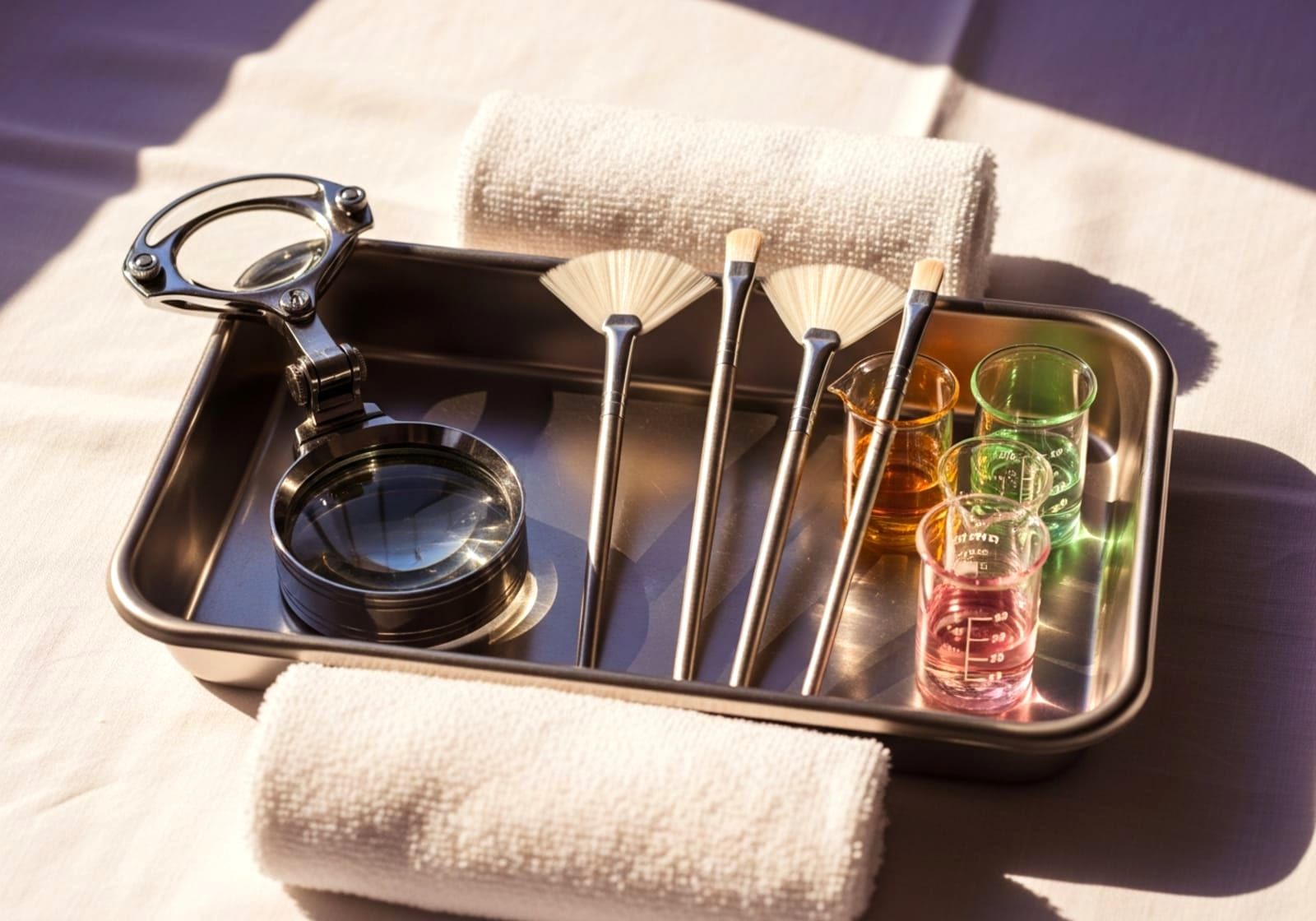 Instrument tray — skin analysis tools laid out before a treatment