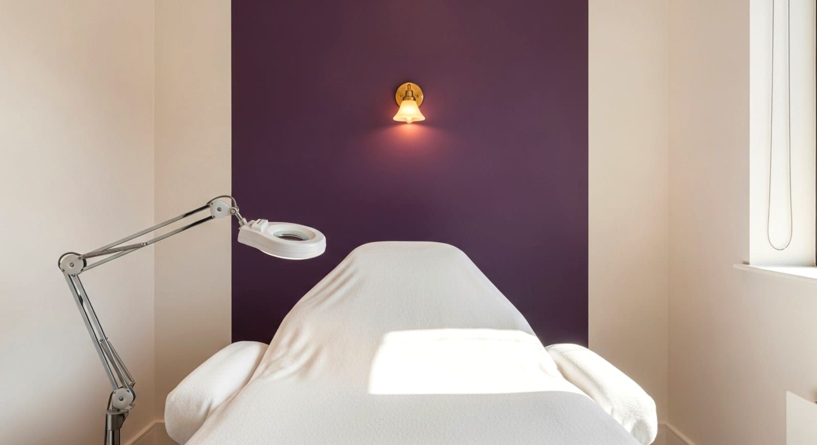 The treatment room at 815 George Bush Blvd — porcelain walls, instrument tray, magnifying lamp