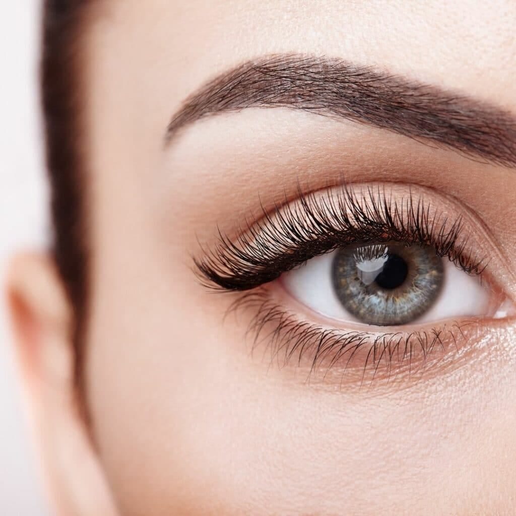 Freshly tinted lashes and shaped brow, close up