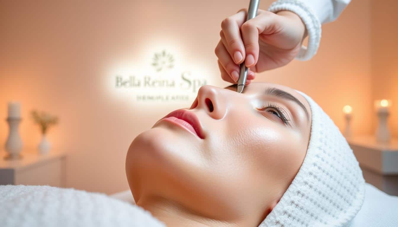 A dermaplaning treatment with the illuminated Bella Reina Spa logo behind
