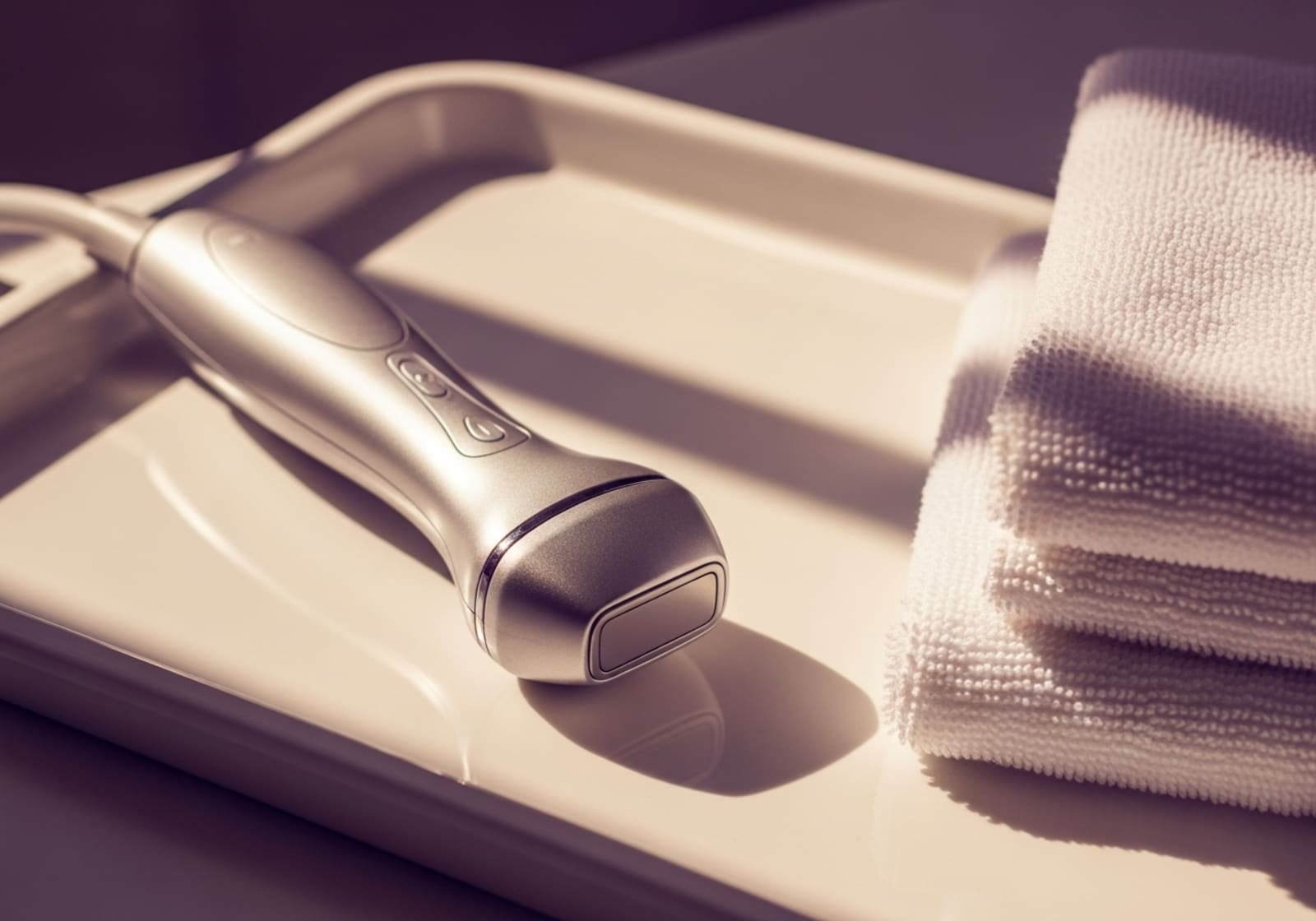 A focused-ultrasound handpiece on a porcelain tray