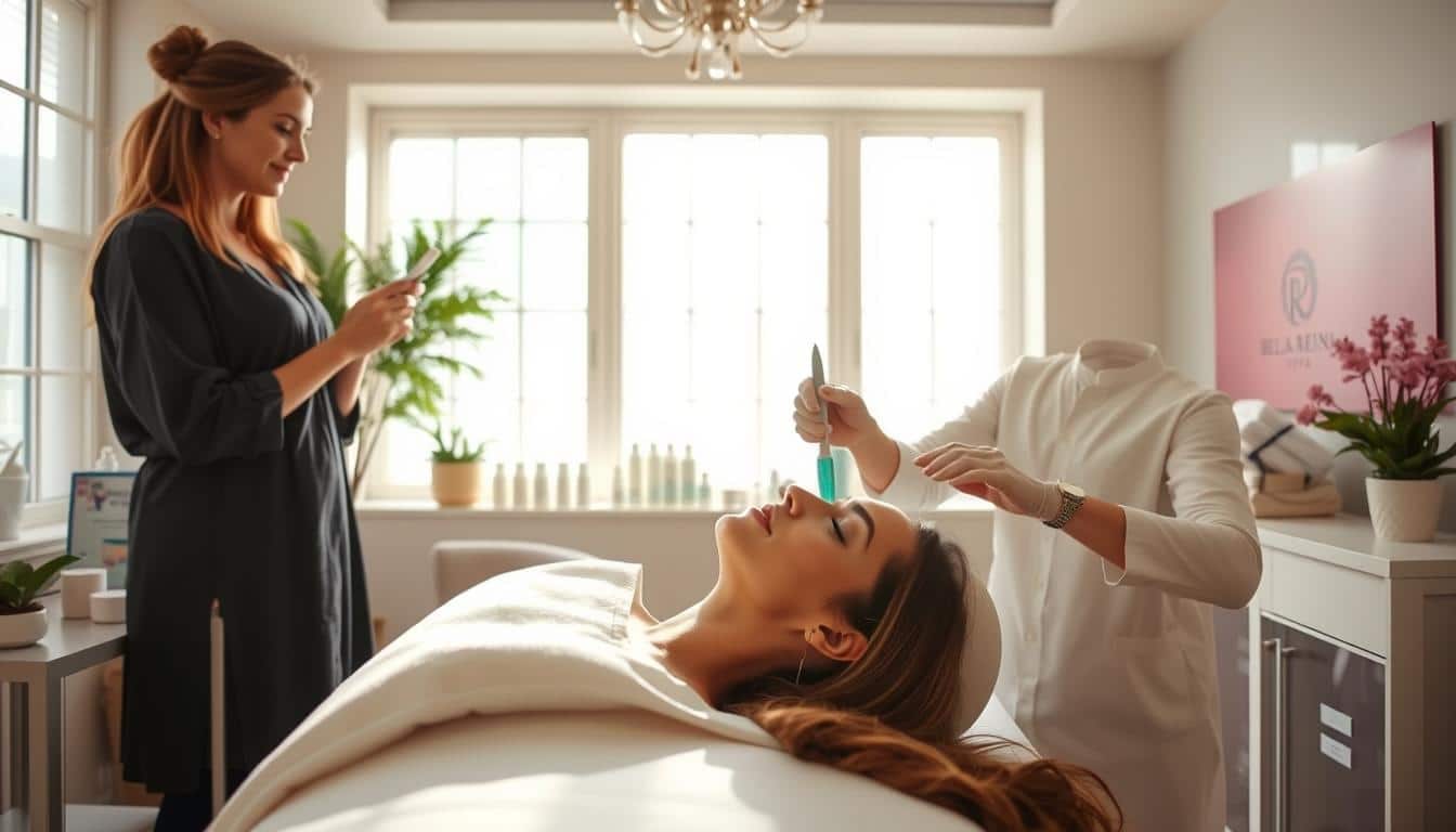 A gentle facial in a bright treatment room, daylight through the window